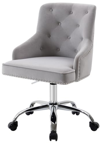 Sepnine Bürostuhl Samt, Schreibtischstuhl Aesthetic Mädchen, Schminkstuhl mit Rollen, Drehstuhl mit Silbernen Stuhlbeinen, Höhenverstellbar, Studie, Büro, Schlafzimmer, Bis 135 kg, Grau