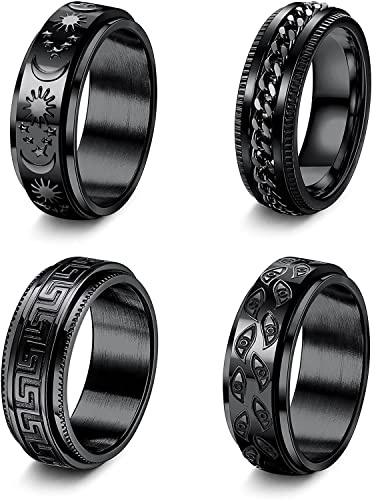LOLIAS 4 Pcs Noir Bagues Spinner pour Femme Homme Acier Inoxydable Anneaux Ensemble Soleil Lune Étoile Chaîne Mauvais œil Promesse Fiançailles Bague Couple