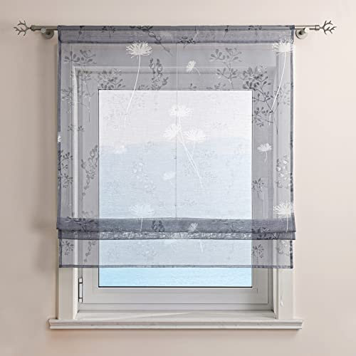 ESLIR Raffrollo mit Tunnelzug Gardinen Küche Voile Raffgardinen Transparent Schlaufenrollo Landhaus Vorhänge Wohnzimmer Grau BxH 120x140cm 1 Stück