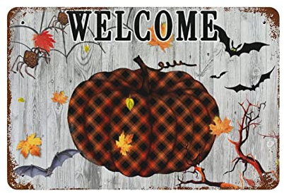 Letrero de metal con diseño de murciélagos de bienvenida de calabaza de Halloween, letrero de cochera, regalo de inauguración de la casa, regalo para interiores y exteriores, decoración de Halloween,