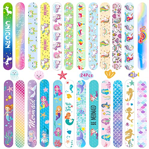 Acuiwer Pulseras de Juguete Slap 24 Piezas Slap Band Sirena Unicornio Pulseras Bofetadas Fiesta Cumpleaños Rellenos de Bolsa para Niños Niñas