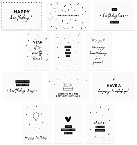 WeLikeToLove 12x Trendige Geburtstagskarten (Format A6) - Schwarz-Weiße Geburtstagskarten Auf Englisch mit Kraft Umschlag - Geburtstag karten set - Englische Geburtstagskarten Schwarz-Weiss