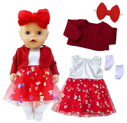 4 Teilig Puppenkleidung für 36-43cm große Babypuppen, Puppensachen Roter Mantel Kleider Socken Schmetterlings-Stirnband, Süße Puppenkleider und Puppenzubehör, Geschenk für Mädchen