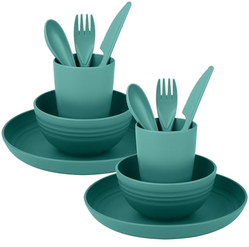 Belle Vous Set Stoviglie da Campeggio - con Piatto Ciotola Tazza e Posate - Kit Pic Nic - Piatti per Camper Plastica Dura - Adatto a Microonde e Lavastoviglie - Blu Marino