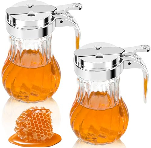 YEXEXINM 8oz Syrup Dispenser Honey Pot, Elegant Textured Jar, Commercial Quality, 2Pcs, Clear Glass, 8.5 oz Capacity, Ideal for Honey & Syrup Storage