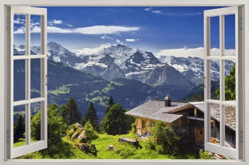 HUBDECO - Wandtattoo - Wanddeko - Selbstklebende Folie - Fototapete - Wandsticker - Fototapete 3d Effekt - Selbstklebende Tapete - Fenster & Bergen Motiv - Lichtung, Tatra-Gebirge - 120x80cm