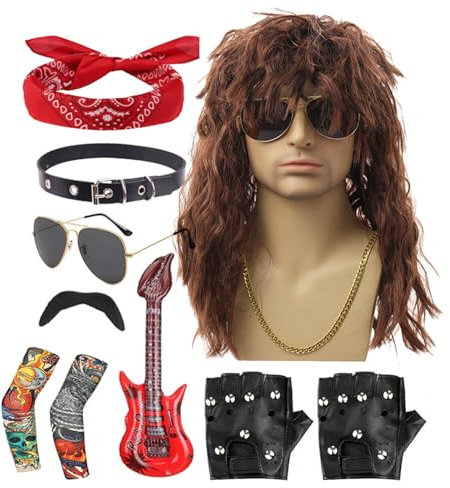 Rocker Costume Set, Men's 80s Rocker Costume, 10 Piece Metal Rocker Costume Set - Includes Punk Party Costume Accessories, Wig, Headband, Collar, Sunglasses, Gloves, Sleeve, Beard, Guitar Props