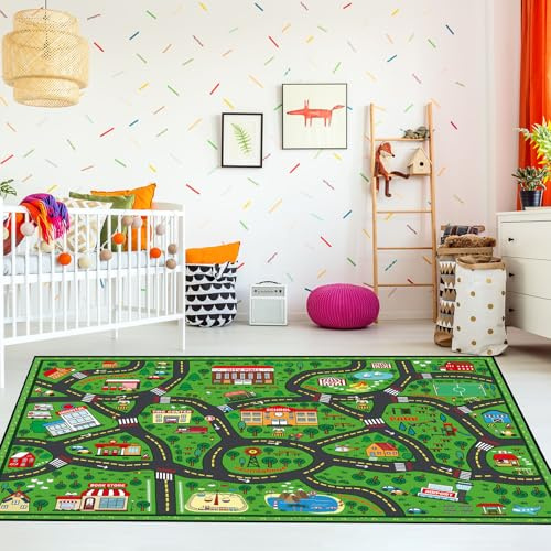 Tinideya Kids Playmat Rug 4x6 ft, Non-Slip Rubber Backing Traffic Road Playmat, Cars Play Mat for Toddler Children Playroom Classroom Bedroom(Green, Traffic Road)