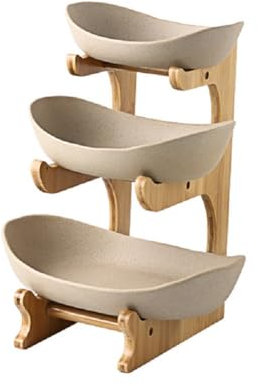 JUNYFFF Fruttiera Ceramica, Cestino di Frutta 3 Livelli, Cesto per Frutta in 3 Ripiani Portafrutta Moderna con Supporto in bambù Naturale, per Verdura, Frutta, Snack, Dessert,Marrone