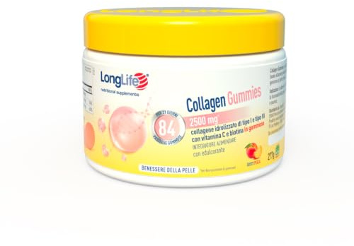 LongLife® Collagen Gummies | Gommose di collagene idrolizzato di tipo I e III VERISOL®| Vitamina C e Biotina | Pelle, capelli e unghie | 84 gommose | Gusto pesca e senza glutine