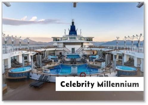 Celebrity Millennium Cruise Ship. Celebrity Cruise Line. Pool Deck, Hot Tubs, Lounge Chairs, Funnel or Smokestack, Fridge Magnet