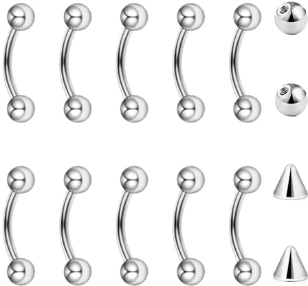 Besyvvin 10pz. Barbell Curvo 1,2mm Piercing Labbro sopracciglio setto Rook Daith Banana Argento 6 mm Acciaio Chirurgico
