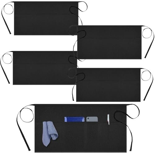 COWANIEE 5 Pack Waitress Apron, Black Aprons Catering, Half Apron with 3 Pockets for Kitchen Restaurant Work Waitress Chef Waiter Cooking Baking