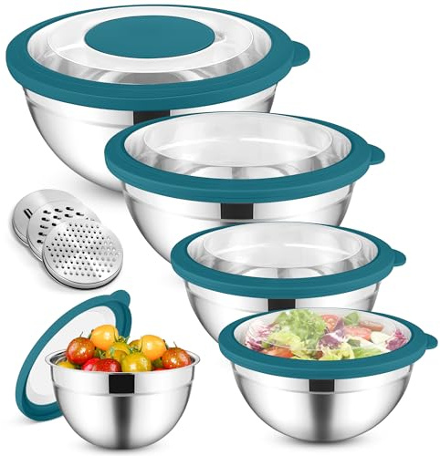 HaWare Set med 5 salladsskålar, i rostfritt stål, med lufttätt transparent lock och 3 rivjärn, för matlagning, 4,5 l, 2,8 l, 1,5 l, 1,2 l, 0,7 l, diskmaskinställbar, blå