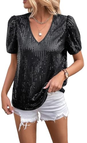 MINTLIMIT Damen Pailletten Tops Kurzarm Schimmer Glitzer Top V Ausschnitt Sparkly Bluse Club Party Shirt