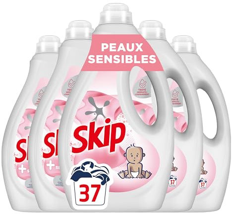 SKIP - Lessive Liquide Peaux Sensibles - Contre les taches tenaces - Parfum léger et agréable - Testée dermatologiquement - Lot de 5x37 lavages