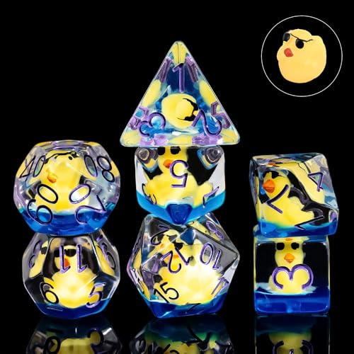 Cusdie DND Dice Set - 7-Piece Transparent Resin Dice with Sunglass-Wearing Duck Design, Perfect for Board Game Enthusiasts, Gifts, and Collectors - Comes with Velvet Pouch