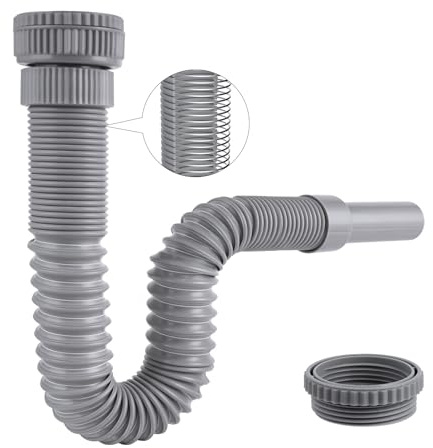 Hibbent Sifon Lavabo, Universal de G1-1/4” ó G1-1/2” (≈40 & 45mm), Sifón Lavabo Flexible Inodoro con Alambre de Acero Incrustado, y Salida de 32 mm, Para Lavabo de Cocina y Baño, Gris