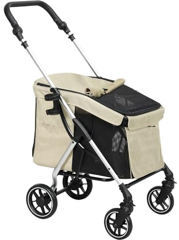Hundewagen, Leichtgewicht aus Aluminium, Zusammenklappbar, Geeignet für Hunde und Katzen bis 10 kg, Katzenbuggy mit Sitzkissen, Netzfenstern, Türen, Ablagekorb, Khaki