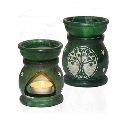 Swadeshi Desire Handgefertigter Speckstein-Aroma-Brenner, Öl-Diffusor und 1 Teelicht (grün)