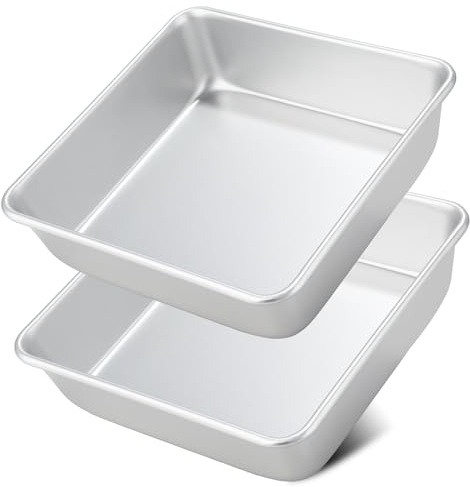Auddemg Quadratische Auflaufform, 2 Stück (21,5 x 21,5 x 6 cm), Hochwertige Kuchenform Eckig aus Eloxiertem Aluminium, Geeignet für Backofen und Luftfritteuse, Silber