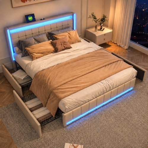 BSMGSGN 180x200 cm Cadre de Lit Double Capitonné avec 4 Tiroirs de Rangement, Station de Chargement USB, Éclairage LED, Tête de Lit en Lin, Sommier à Lattes en Bois, sans Matelas
