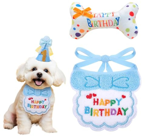 JYNVO Hunde Geburtstag 2 PCS Textil - Set für Hundegeburtstag (Kaugummi - Spielzeug + Lätzchen) - Interaktive Utensilien für Hundes Geburtstag