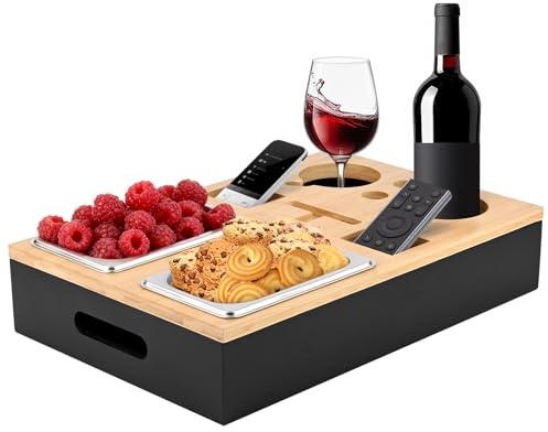 Dreamhigh® Couchbar Snackbox, Couch Bar mit 2 Edelstahl Snackschalen, Organizer und Flaschenhalter, Sofatablett Sofa Snackspender aus Premium Bambus - Tolles Geschenk, Schwarz