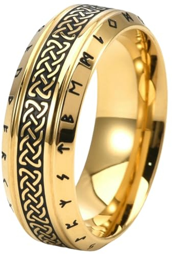 Anillo de acero de titanio con runa vikinga, nudo celta, joyería nórdica para hombre, chapado en oro antiguo, regalo medieval para él