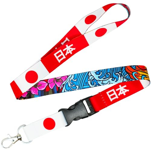 Tigoli Japan Flag & Culture Lanyard – Japanese “Nihon” Design with Cherry Blossoms and Wave Art | Detachable Clip & Metal Hook | Perfect for Travel, Work Badges & Fans of Japanese Culture