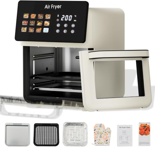 AboveMoon 10L Large Xl Pro Air Fryer Oven With Grill Combo For Kitchen Countertop Use,12 in 1 Smart Convection Ovens,AirFryer With Glass View Window,Basket,Fryer Liners,Removable Door-Beige White