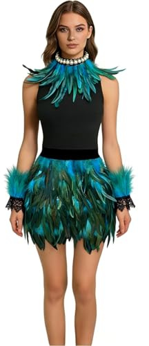 Faschingskostüme Damen Pfau Kostüm Damen Federrock Pfauen Accessoires Karneval Kostüm Feder Rock Manschetten Federkragen, für Cosplay-Party Karneval Leistung, Federrock Bühnenkostüme, Karnevalskostüm