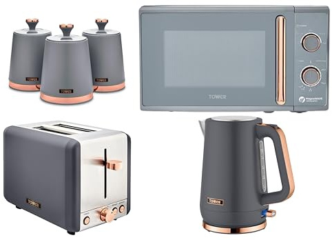 Tower Cavaletto Grey 6 Piece Kitchen Appliance & Storage Set – 1.7L 3KW Kettle, 2 Slice Toaster, 20L 800W Microwave & 3 Canisters Bundle Set – Matte Grey with Rose Gold Accents