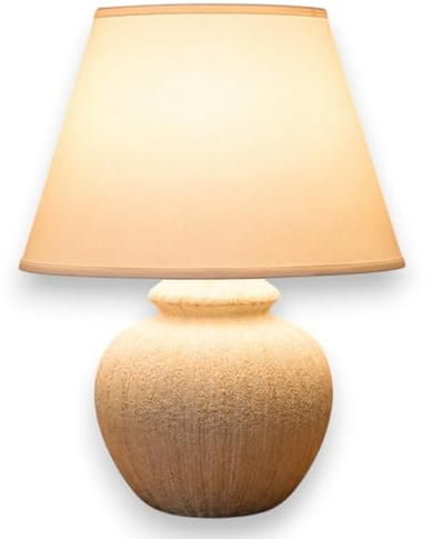 KORAT - Lampada da Tavolo con Paralume in Tessuto e Base in Ceramica Effetto Pietra, Lampada da Comodino E14, Luce Calda per Camera da Letto, Soggiorno e Ufficio, Design Elegante Ø28 x H37 cm