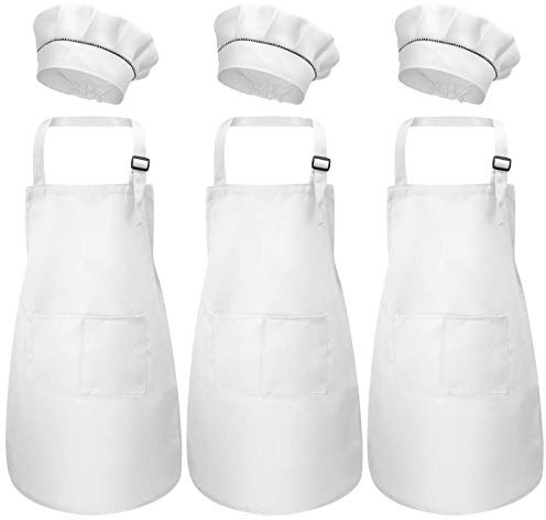 3 Set Bambini Grembiule e Cappello da Cuoco, Bambino Grembiule da Cucina con Tasche per Ragazze Ragazzi, Grembiuli da Chef Giardino per Cucinare Cottura Pittura Artigianato (3-6 Anni) (Bianco)