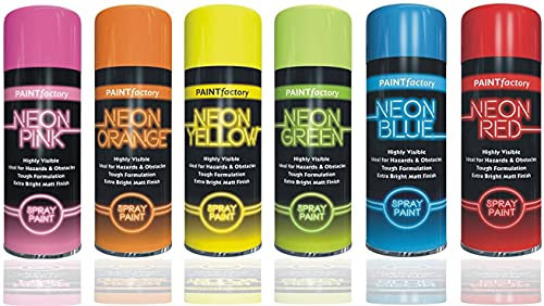 HitlineUK Neon Spray Paint 6 CANS OF FLUORESCENT NEON SPRAY CAN PAINT 200ML GRAFFITI EXTRA BRIGHT Yellow Pink Orange Green Blue Red