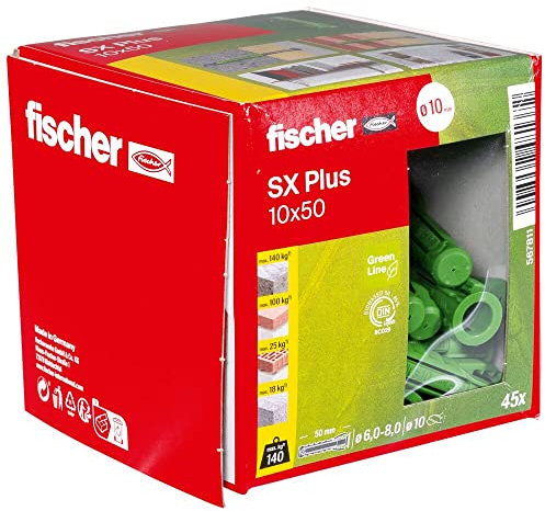 fischer Spreizdübel SX Plus Green 10 x 50, Schachtel mit 45 nachhaltigen Dübeln, Allzweckdübel aus nachwachsenden Rohstoffen, optimaler Halt in Beton, Vollziegel, Porenbeton, Hochlochziegel uvm.
