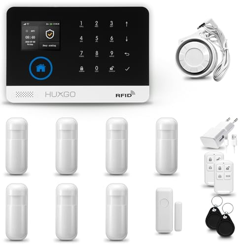 HUXGO® HXA003 Sistema di allarme casa senza fili con sirena WiFi + GSM | Antifurto casa kit con 1x sensori di allarme per finestre/portes, 7x rilevatori di movimento | Allarme Casa