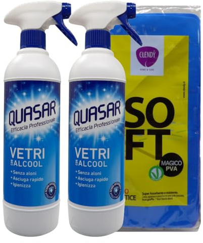 2x Quasar VETRI CON ALCOOL, Non Lascia Aloni, Asciuga Rapidamente e Igienizza 580ml + Panno In Lattice SOFT, Formato 30x30