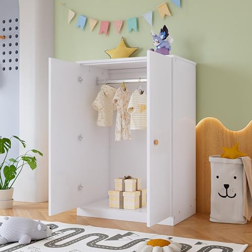 roomfitters Kleiner Kleiderschrank mit Stange, 2-türiger Kleiderschrank für Schlafzimmer und Wohnzimmer, Kinderkleiderschrank aus MDF, Weiß