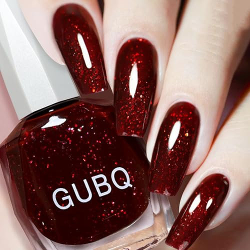 Glitter Nail Polish - Dark Red Nail Varnish - High Glossy Wine Red Holographic Long Lasting Nail Polish - Shimmer Nail Varnish Quick Dry for Nail Art Manicure
