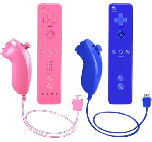 LeonDesigns Wii Remote Controller und Nunchuck Controller für Wii U, inkl. Silikonhülle und Handschlaufe (blau-rosa)
