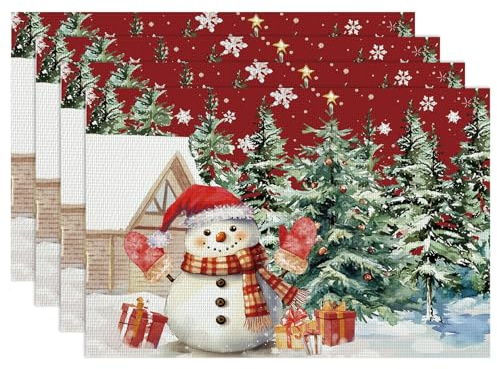 Schneemann Weihnachtsbaum Schneeflocke Tischsets 4er Set, Abwaschbar Weihnachten Platzsets PVC Platzdeckchen rutschfest hitzebeständig, Weihnacht Dekor für Küche Esstisch Urlaub Party 30x45cm