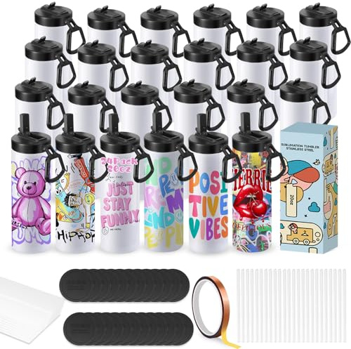Cafultgo Lot de 24 gobelets vides pour sublimation - Bouteille d'eau de 591 ml - Gobelet droit en acier inoxydable avec paille en métal et couvercle pour presse à chaud - Impression par sublimation