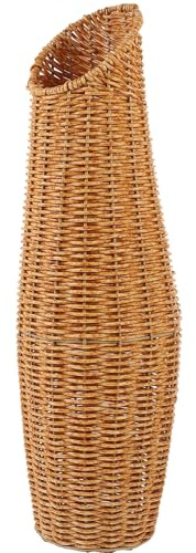 Jarrón Decorativo de Suelo de Plástico Efecto Ratán Beige | Diseño Alto y Simple, Acabado Tejido Imitación Ratán, Limpieza Fácil, para Balcón y Hogar