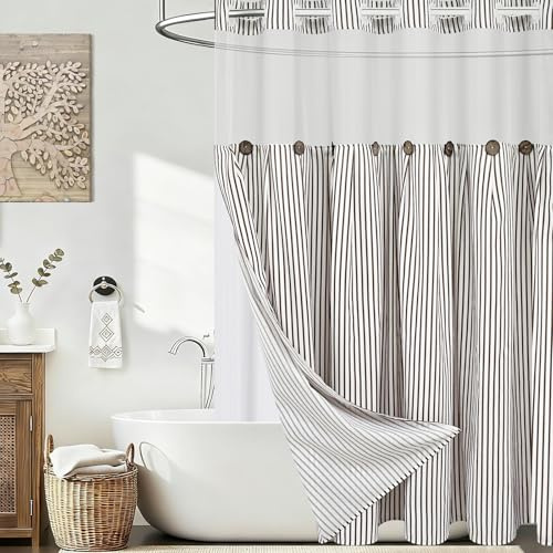 Alishomtll Shower Curtain for Bathroom, Washable Long Shower Curtains 180x205cm, Anti Mould Weighted Brown White Bathroom Curtains with Snap-fastening Waterproof Inner Lining and Transparent Window