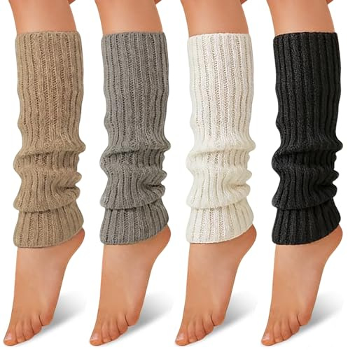 YUESIKJ 4 Paar Stulpen Damen, Stulpen Gestrickte Beinstulpen für Frauen, Winter Beinwärmer Warm und Bequem, Stulpensocken Damen Leg Warmers, für Ballett, Tanz,Sport(Schwarzen, Grau,Weiß,Khaki)