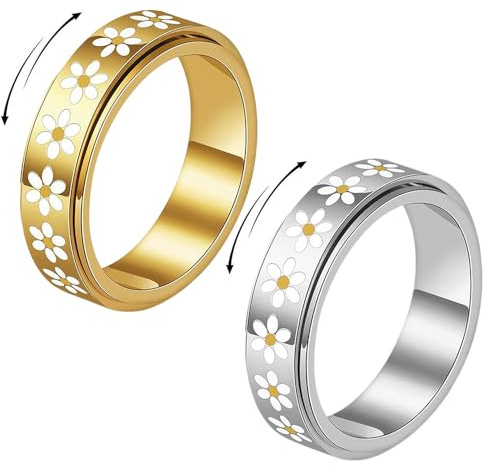 XFSRG Anillo Spinner Antiestrés de Margarita Giratoria Anillo Fidget Giratorio Chapado en Oro de 18K Set de Anillos en Oro y Plata Joya Elegante para Uso Diario (9)