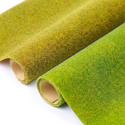 Eulihent 2 Rollen Grasmatte Modellbau Rasen 100 x 35 cm，Kunstrasen Deko, Fake Grass, Modelleisenbahnrasen Rasenmatten für Modellbau, Modelleisenbahn Zubehör, Bastelprojekte（Gelbgrün+Hellgrün
