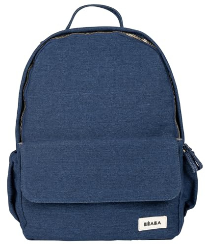 BEABA, Sac à Dos à Langer Tokyo 21L, Sac à Langer Bébé Maman Papa, Format Mains Libres, 9 Poches, Poche Isotherme, Attache Poussette, Tapis à Langer Matelassé, Textile Déperlant, Denim